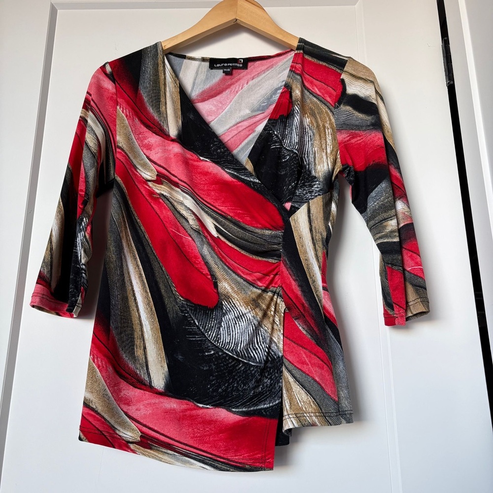 Y2K Women's Red, Cream and Black Wrap Top Asymmetrical - size XS/S - 90s